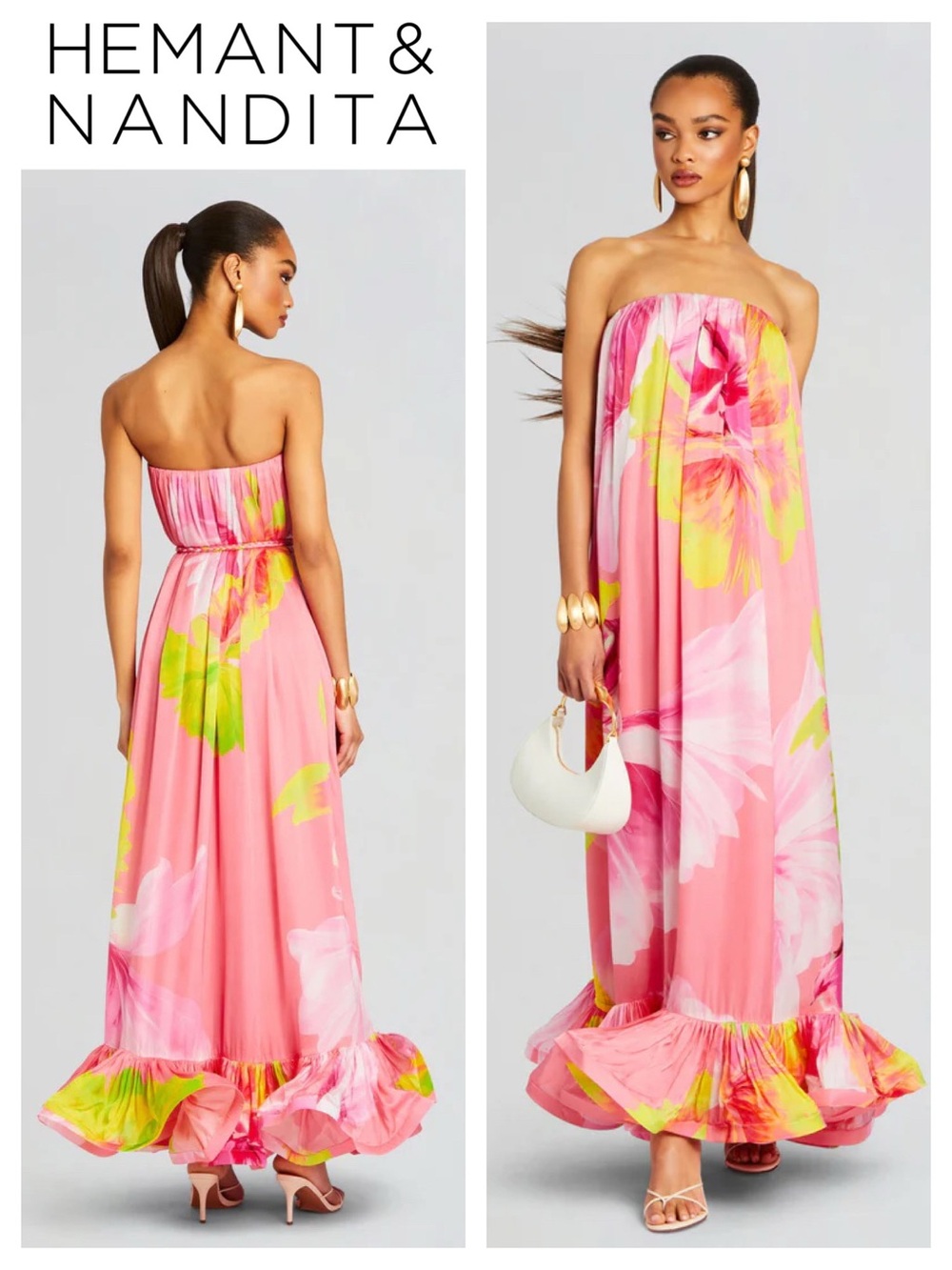 HEMANT & NANDITA Mina Strapless Maxi Dress in Pink Floral